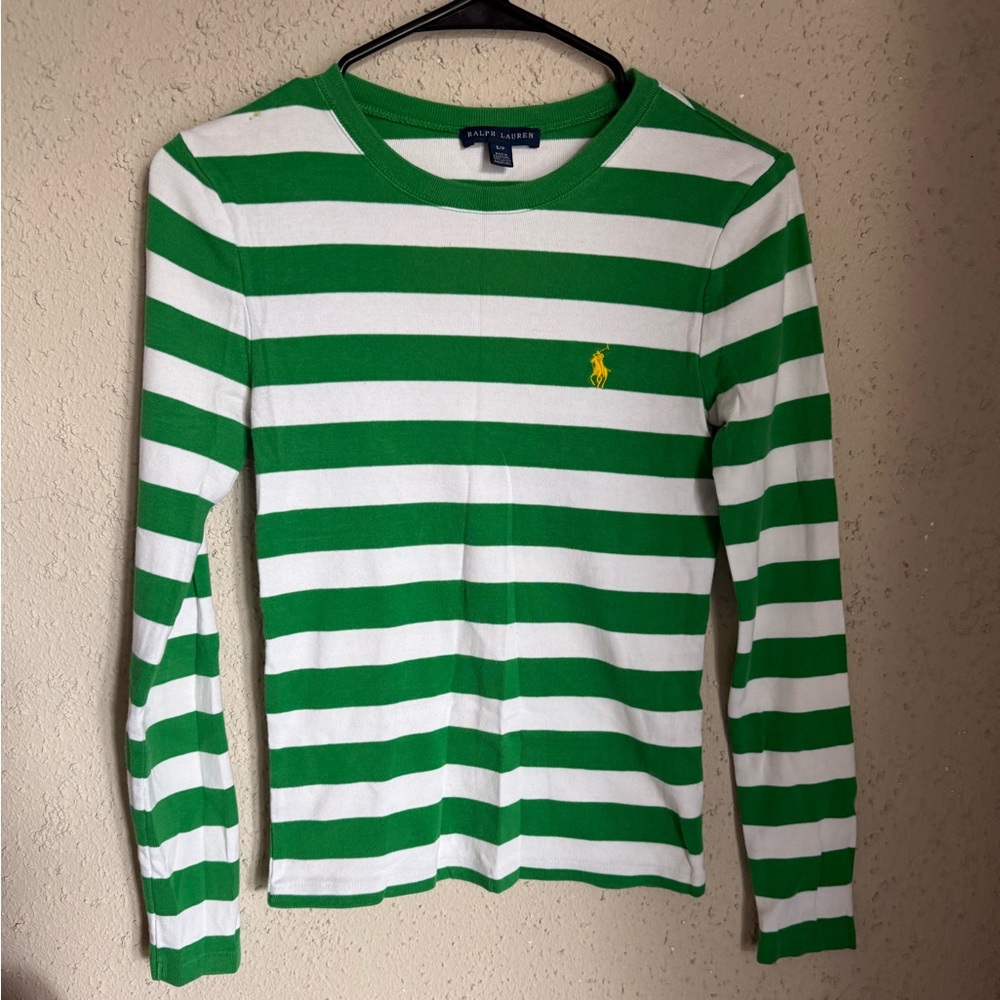 Ralph Lauren Green & White Striped Long Sleeve Tee with Yellow Pony